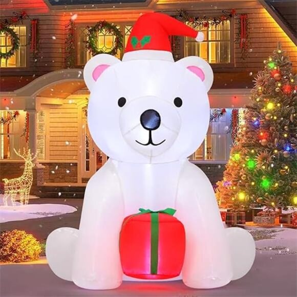 5 FT Outdoor Christmas Decorations, Inflatable Polar Bear  5 Ft Christmas Inflatable Bear Outdoor Decorations Blow Up Yard A White